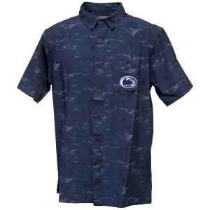 navy Hawaiian button down shirt with embroidered Penn State Athletic Logo on left chest pocket